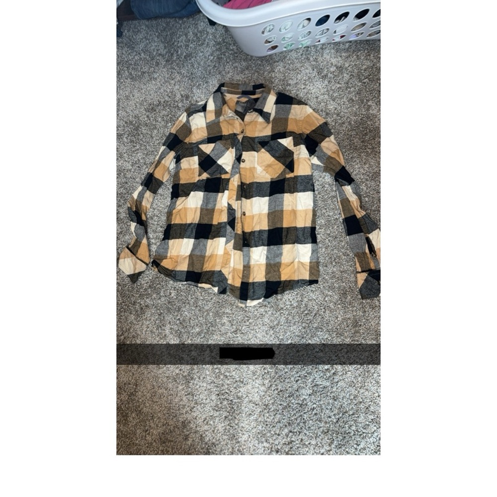 Black and Tan Plaid Button-Up Shirt